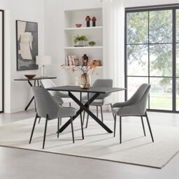 FurnitureboxUK Leonardo Black Top Dining Table & 4 Beaumont Grey Fabric Chairs - thumbnail 1
