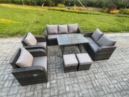 Fimous Outdoor Rattan Garden Furniture Set 9 Seater Patio Lounge Sofa Set with Dining Table 2 Small Footstools Dark Grey Mixed - thumbnail 2