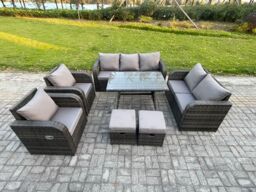 Fimous Outdoor Rattan Garden Furniture Set 9 Seater Patio Lounge Sofa Set with Dining Table 2 Small Footstools Dark Grey Mixed - thumbnail 1
