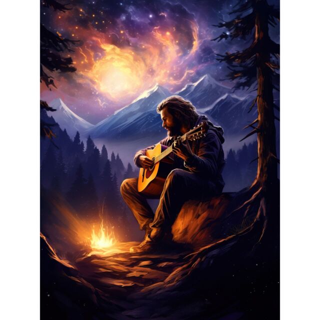"Artery8 Wall Art Print Playing Guitar By A Campfire Oil Painting Purple Orange Storm Brewing in Mountain Forest Landscape Poster - Size: W24"" x H32""" - image 1