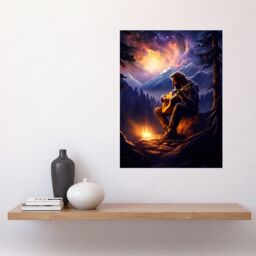"Artery8 Wall Art Print Playing Guitar By A Campfire Oil Painting Purple Orange Storm Brewing in Mountain Forest Landscape Poster - Size: W24"" x H32""" - thumbnail 2