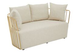 Orsina 2 Seat Fabric Sofa, Gold Finish Steel Frame Accent Sofa, Lounge Sofa with 4 Cushions, Wireframe Sofa in White