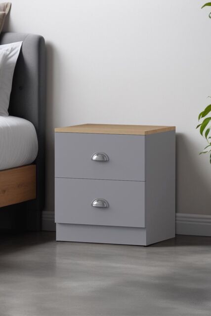 FWStyle 2 Drawer Bedside Chest Matt Grey Oak Top Bedroom Furniture - image 1