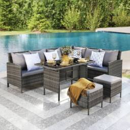 Home Garden Direct Thalia Rattan Corner Garden Sofa Set with Glass Top Table - Grey Rattan Outdoor Furniture with Footstools - thumbnail 2