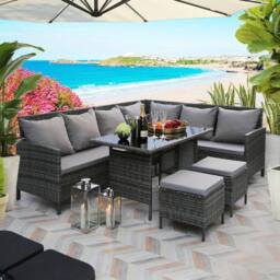 Home Garden Direct Thalia Rattan Corner Garden Sofa Set with Glass Top Table - Grey Rattan Outdoor Furniture with Footstools - thumbnail 1