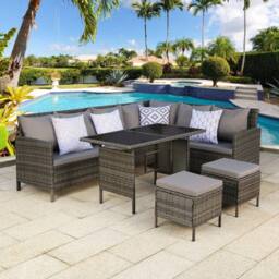 Home Garden Direct Thalia Rattan Corner Garden Sofa Set with Glass Top Table - Grey Rattan Outdoor Furniture with Footstools - thumbnail 4