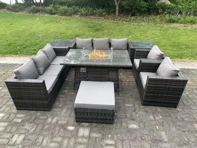 Fimous Outdoor Gas Fire Pit Dining Table Sets Heater Lounge Chairs Side Tables 9 Seater in Dark Grey - image 1