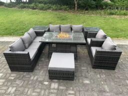 Fimous Outdoor Gas Fire Pit Dining Table Sets Heater Lounge Chairs Side Tables 9 Seater in Dark Grey - thumbnail 1
