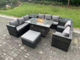 Fimous Outdoor Gas Fire Pit Dining Table Sets Heater Lounge Chairs Side Tables 9 Seater in Dark Grey - thumbnail 3