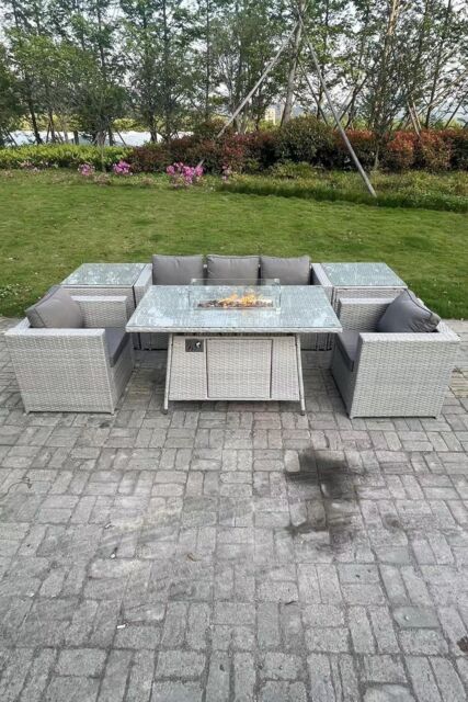 Fimous Light Grey Corner Rattan Garden Furniture Set Gas Fire Pit Heater Burner Lounge Sofa - image 1