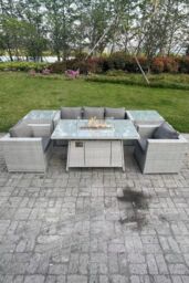 Fimous Light Grey Corner Rattan Garden Furniture Set Gas Fire Pit Heater Burner Lounge Sofa - thumbnail 3