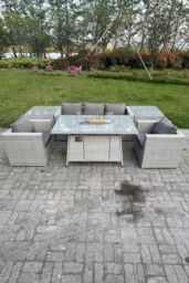 Fimous Light Grey Corner Rattan Garden Furniture Set Gas Fire Pit Heater Burner Lounge Sofa - thumbnail 1