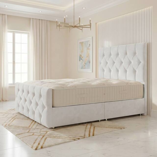 "Somnior Ziggy Velvet Divan Bed Mattress No Draw 54"" Headboard 22"" Footboard in White - Size: Super King" - image 1