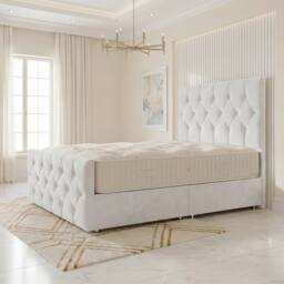 "Somnior Ziggy Velvet Divan Bed Mattress No Draw 54"" Headboard 22"" Footboard in White - Size: Super King"