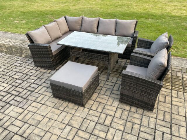 Fimous 9 Seater High Back Rattan Garden Furniture Set Corner Sofa With Rectangular Dining Table 2 Arm Chairs Big Footstool in Dark Grey - image 1