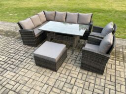 Fimous 9 Seater High Back Rattan Garden Furniture Set Corner Sofa With Rectangular Dining Table 2 Arm Chairs Big Footstool in Dark Grey - thumbnail 1