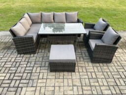 Fimous 9 Seater High Back Rattan Garden Furniture Set Corner Sofa With Rectangular Dining Table 2 Arm Chairs Big Footstool in Dark Grey - thumbnail 2