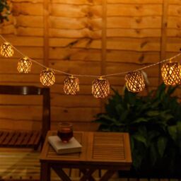 ValueLights Rattan Wicker Ball 10 x Battery Operated Outdoor Garden String Lights in Light Brown - thumbnail 1