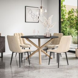 More4Homes Malvern Round Dining Table & Chairs - Black Table Top w Solid Oak Legs + Nova Velvet Dining Chair Set Of 4 in Beige