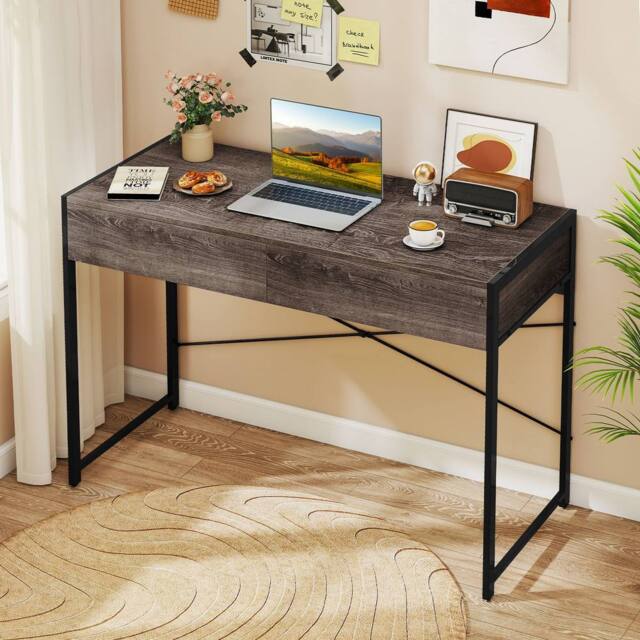 Costway Computer Desk Compact Writing Desk with 2 Drawers in Grey - image 1