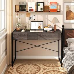 Costway Computer Desk Compact Writing Desk with 2 Drawers in Grey - thumbnail 7