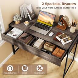 Costway Computer Desk Compact Writing Desk with 2 Drawers in Grey - thumbnail 6