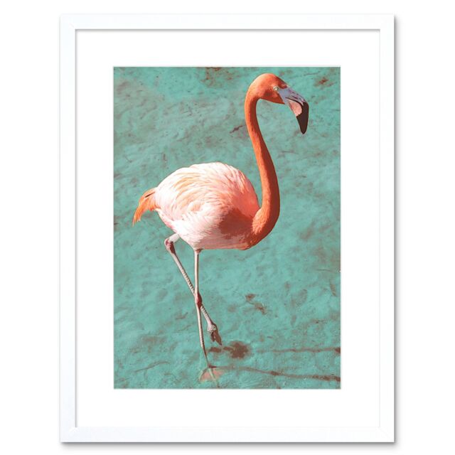 "Artery8 Wall Art Print Flamingo On Blue Art Black Framed 9x7 inch in White - Size: W7"" x H9""" - image 1
