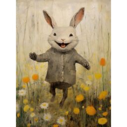 "Artery8 Wall Art Print Raincoat Rabbit Happy Bunny Flower Meadow Kids Girls Bedroom Nursery Artwork Poster in Grey - Size: W24"" x H32""" - thumbnail 1