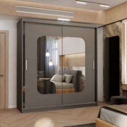 MN Furniture Wardrobe with Double Sliding Mirror Door-LED Light 180x217cm in Grey - Size: 180x217 cm - thumbnail 1
