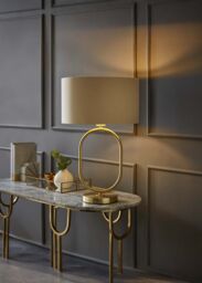 ValueLights Antonia Fabric with Metallic Gold Inner Drum Shade Brushed Gold Oval Table Lamp in Beige