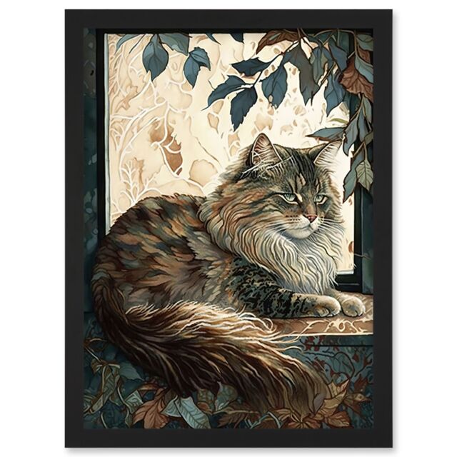 Artery8 Siberian Cat Perched on Window Sill in Autumn Modern Illustration Artwork Framed Wall Art Print A4 in Black - image 1