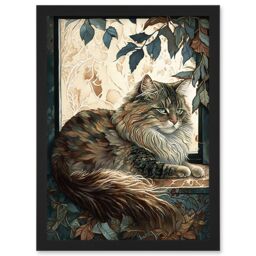 Artery8 Siberian Cat Perched on Window Sill in Autumn Modern Illustration Artwork Framed Wall Art Print A4 in Black - thumbnail 1