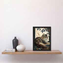 Artery8 Siberian Cat Perched on Window Sill in Autumn Modern Illustration Artwork Framed Wall Art Print A4 in Black - thumbnail 2