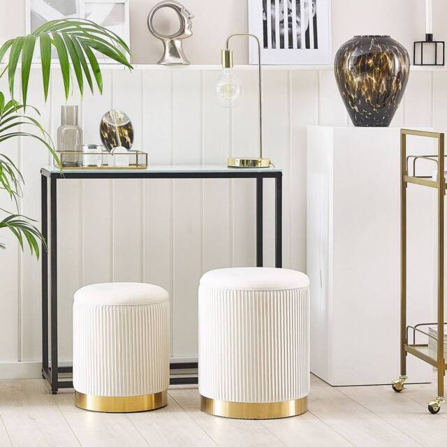 Wyld and Coco Set of 2 Storage Pouffes White Velvet Gold Base Modern Tufted Accent - image 1