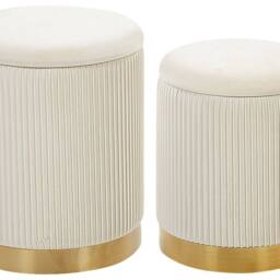Wyld and Coco Set of 2 Storage Pouffes White Velvet Gold Base Modern Tufted Accent - thumbnail 2