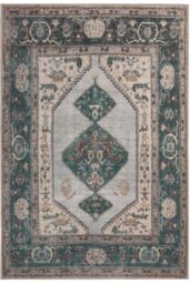 Kukoon Deep Green Cream Medallion Non Slip Washable Low Pile Rug - Size: 200 cm x 290 cm - thumbnail 1