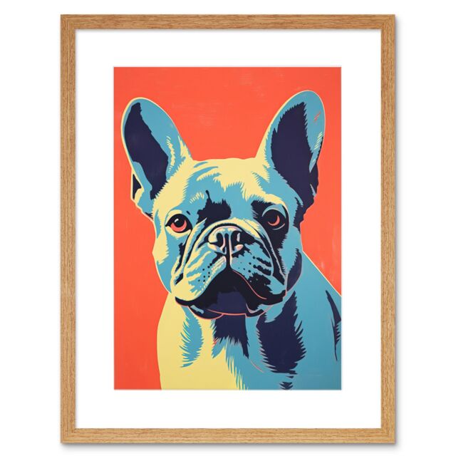 "Artery8 Wall Art Print French Bulldog Colour Block Artwork Coral Orange Blue Vibrant Pet Portrait Cute Artwork Framed 9X7 Inch - Size: W7"" x H9""" - image 1