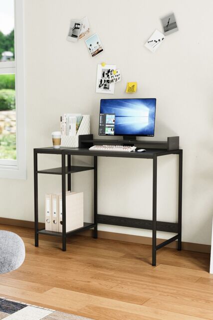Living and Home Retro Office Desk with Monitor Stand & Storage Shelves, 100 x 46 x 84 cm in Black - image 1