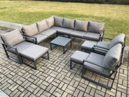 Fimous 12 Seater Outdoor Lounge Corner Sofa Set Aluminum Garden Furniture Sets with Square Coffee Table 3 Chairs 3 Footstools Dark Grey - thumbnail 1