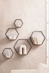 MH London Wall Shelf Hexagon Solid Wood Wall Shelf Floating Shelf Bookshelves - Haverstock in Black - thumbnail 3