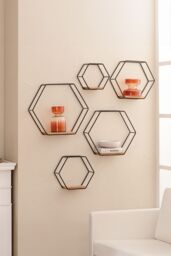 MH London Wall Shelf Hexagon Solid Wood Wall Shelf Floating Shelf Bookshelves - Haverstock in Black - thumbnail 1