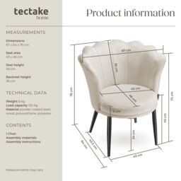 tectake Armchair Stella 1 - Velvet Cream/Black in Cream - Size: 1 Pack - thumbnail 6