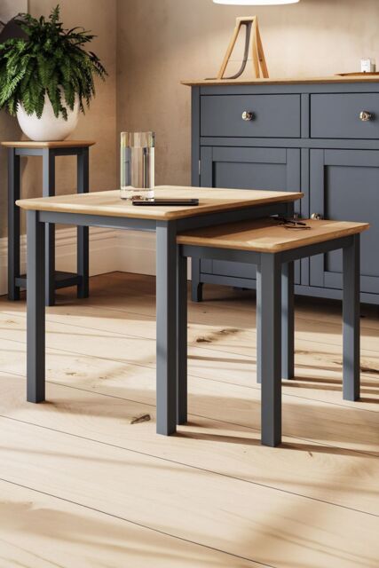 FWStyle Oak Nest Of 2 Tables Graphite Blue Ready Assembled in Dark Blue - image 1
