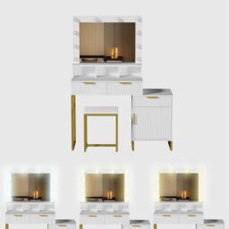 KOSY KOALA Dressing Table Set with Bulb Lights Mirror, Storage Cabinet & Stool - White & Gold - Hollywood Style - thumbnail 6
