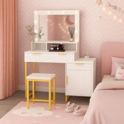 KOSY KOALA Dressing Table Set with Bulb Lights Mirror, Storage Cabinet & Stool - White & Gold - Hollywood Style
