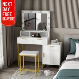 KOSY KOALA Dressing Table Set with Bulb Lights Mirror, Storage Cabinet & Stool - White & Gold - Hollywood Style - thumbnail 9