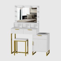 KOSY KOALA Dressing Table Set with Bulb Lights Mirror, Storage Cabinet & Stool - White & Gold - Hollywood Style - thumbnail 3