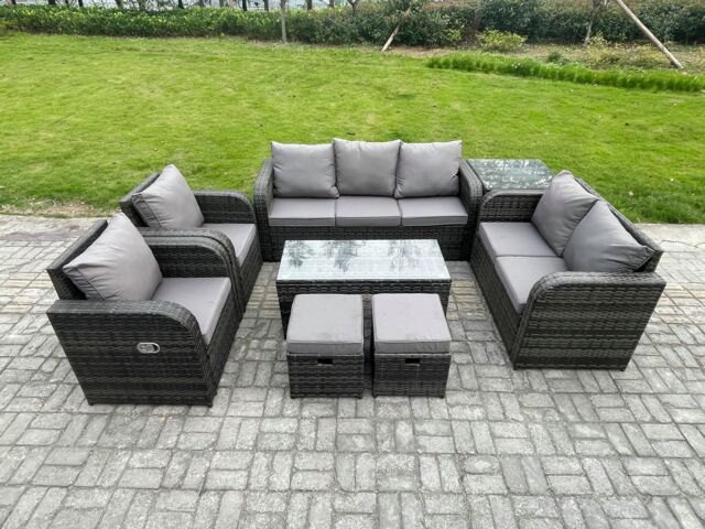 Fimous Outdoor Rattan Garden Furniture Set Rattan Lounge Sofa Set with Rectangular Coffee Table Side Table 2 Small Footstools Dark Grey Mixed - image 1