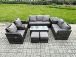 Fimous Outdoor Rattan Garden Furniture Set Rattan Lounge Sofa Set with Rectangular Coffee Table Side Table 2 Small Footstools Dark Grey Mixed - thumbnail 1