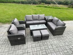 Fimous Outdoor Rattan Garden Furniture Set Rattan Lounge Sofa Set with Rectangular Coffee Table Side Table 2 Small Footstools Dark Grey Mixed - thumbnail 2